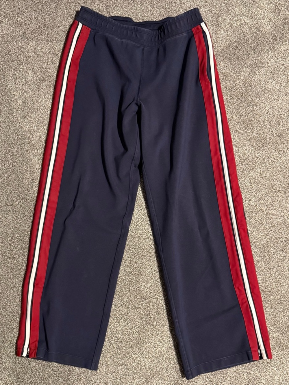 Lululemon Navy Track Pants with Red & White Side Stripes